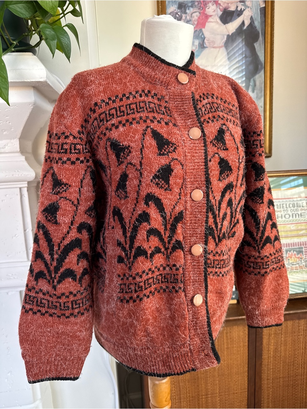 Rust Floral Patterned Button-Front Mohair Sweater Jacket - Picture 2 of 5